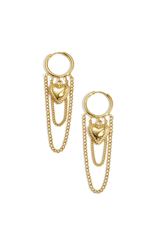 Hoop earrings with hanging chains and heart